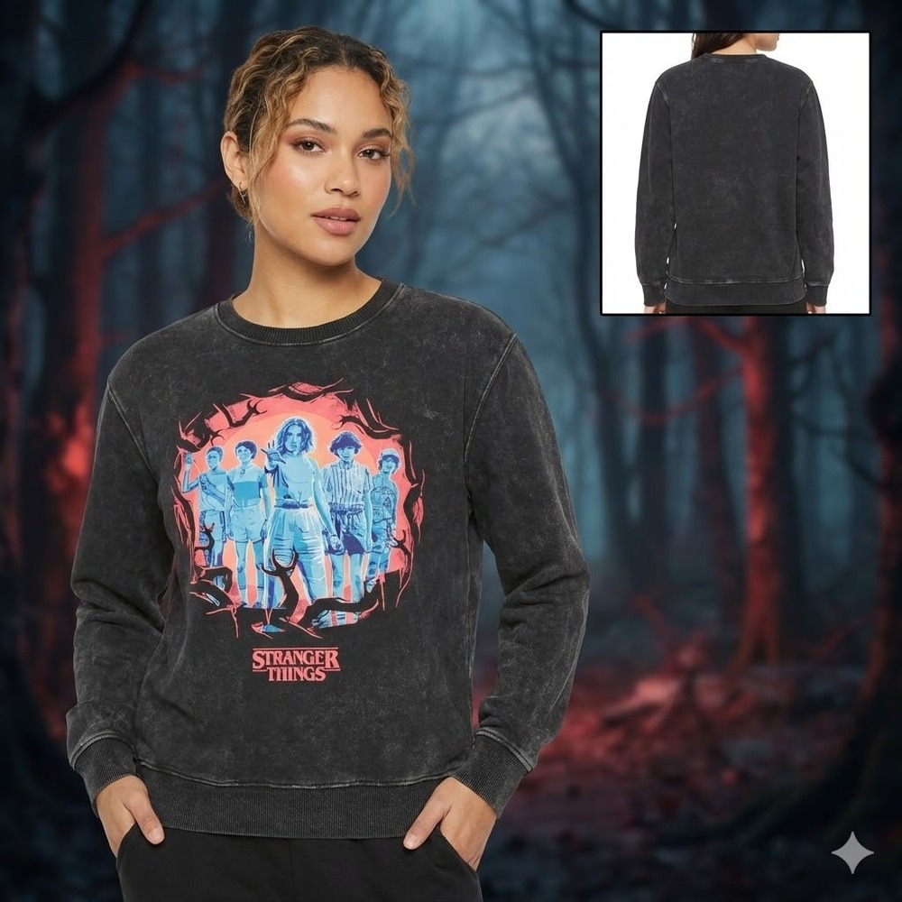 Stranger Things Womens Large Graphic Sweatshirt Mineral Wash Black Netflix LG